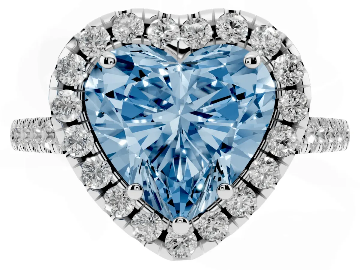 Fancy Blue Heart Cut Halo Pavé Diamond Engagement Ring with Four-Prong Setting Silver
