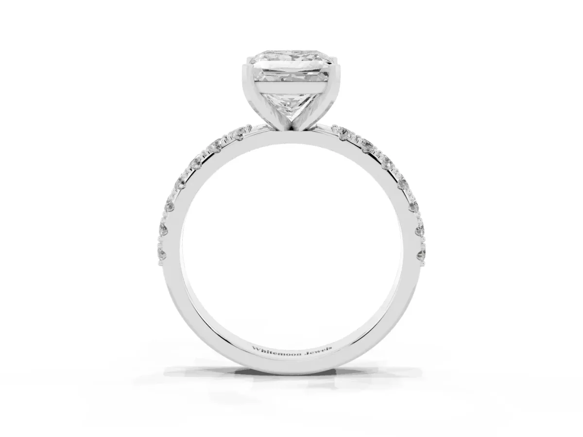 Princess Cut Diamond Solitaire Pavé Band with Four-Prong Setting Silver