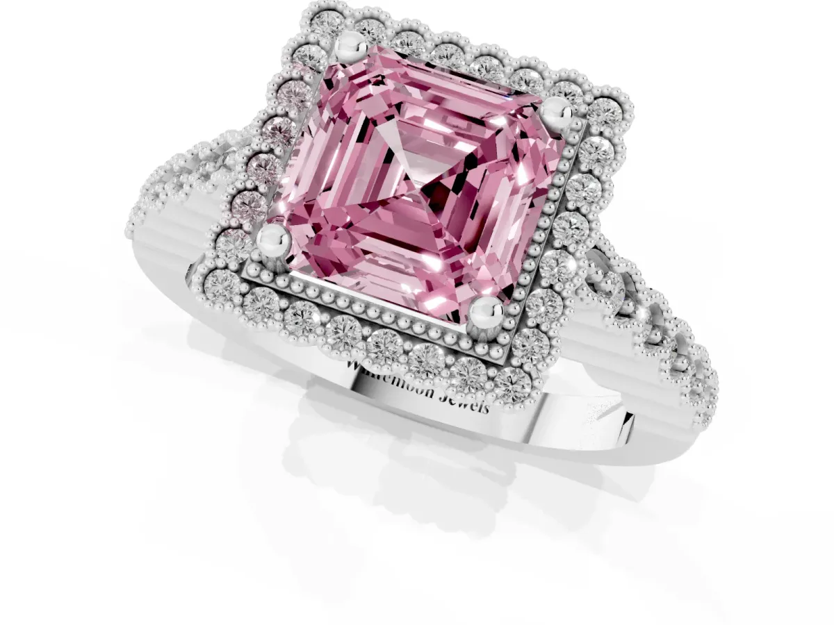 Fancy Pink Asscher Cut Cut Halo Pavé Solitaire Ring with Milgrain Band Platinum