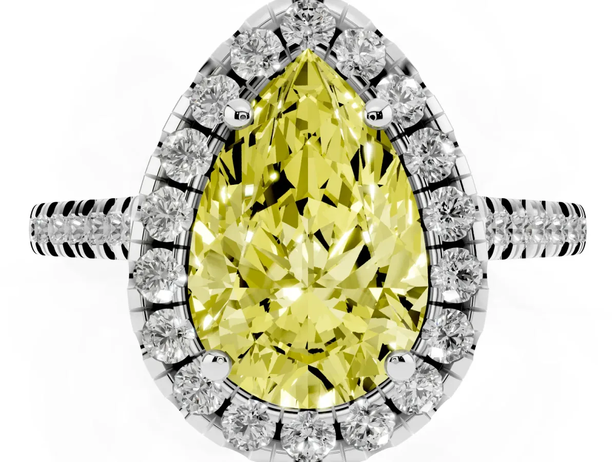 Fancy Yellow Pear Cut Diamond Cushion Halo Ring with Pavé Band Silver