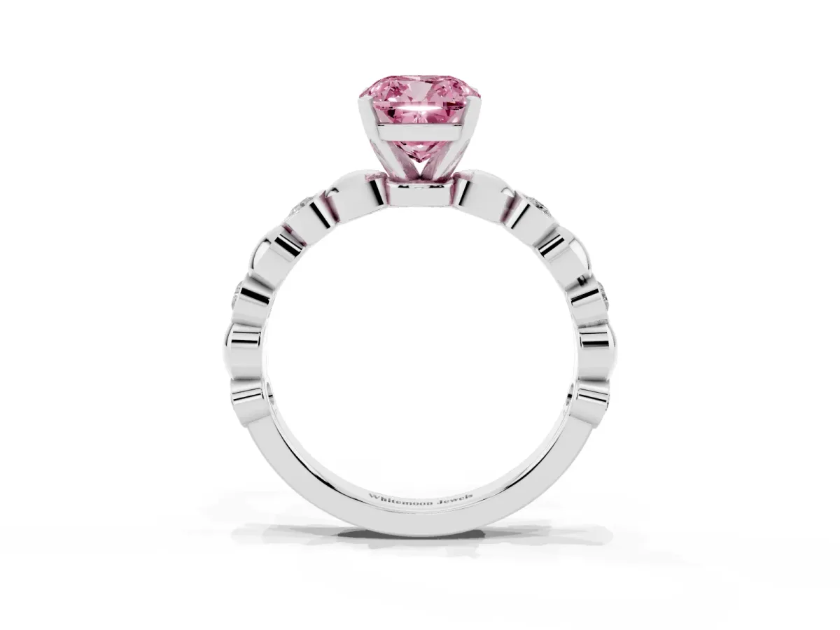 Fancy Pink Cushion Cut Solitaire Bezel-Set Diamond Ring with Beaded Band and Four-Prong Setting Silver