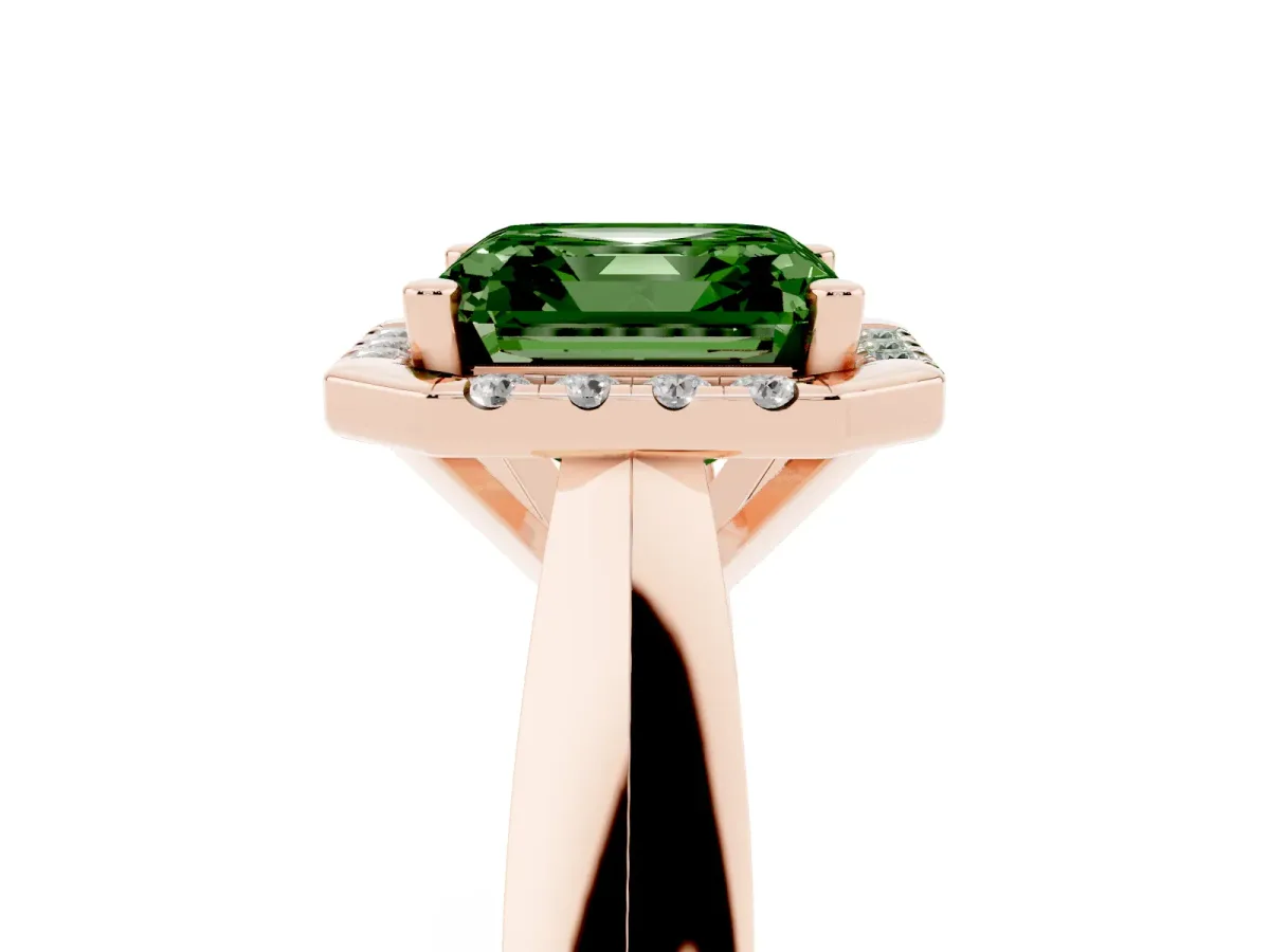 Fancy Green Asscher Cut Cut Halo Solitaire Engagement Ring with Square Band and Four-Prong Setting Rose gold