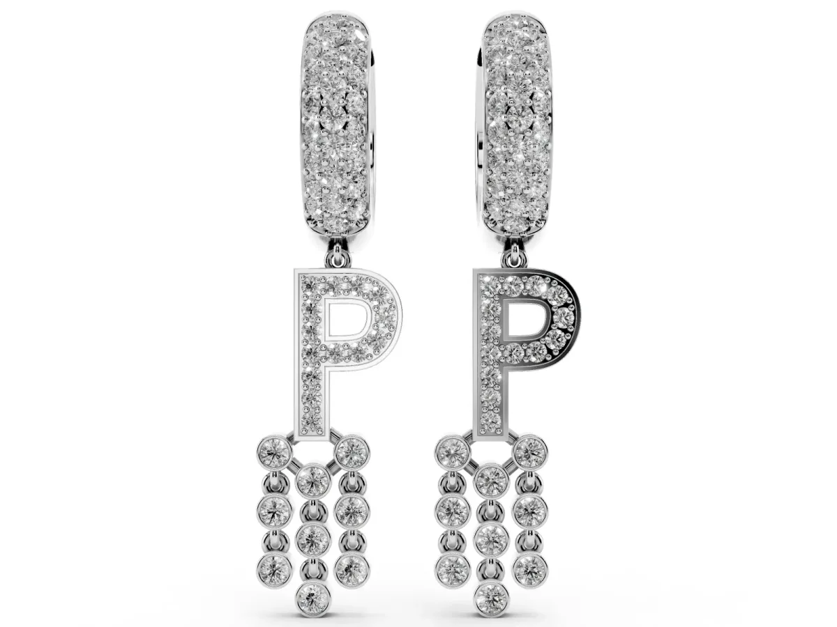 Round Diamond Initial P Huggie Hoop Earrings Platinum