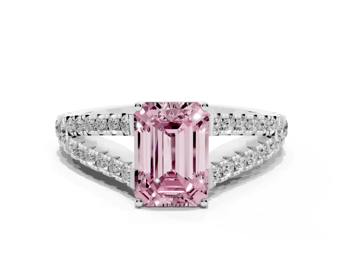 Fancy Pink Emerald Cut Diamond Split Shank Engagement Ring with Round Pavé and Prong Setting Silver