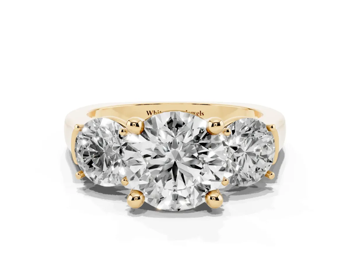 Three-Stone Round Cut Brilliant Diamond Trellis Ring with Comfort Fit Band Yellow gold