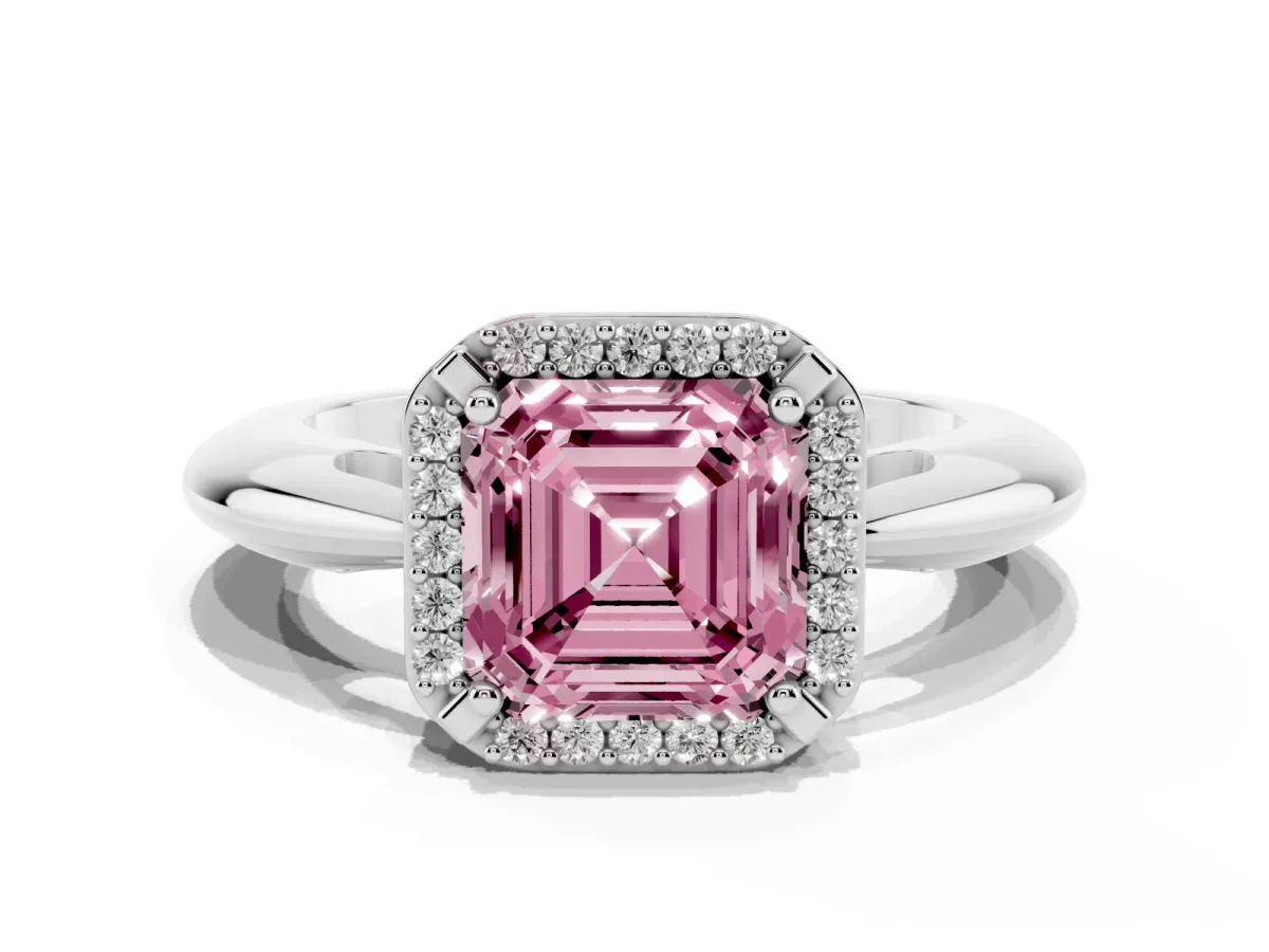 Fancy Pink Asscher Cut Cut Diamond Halo Engagement Ring with Split Shank and Four-Prong Setting Silver