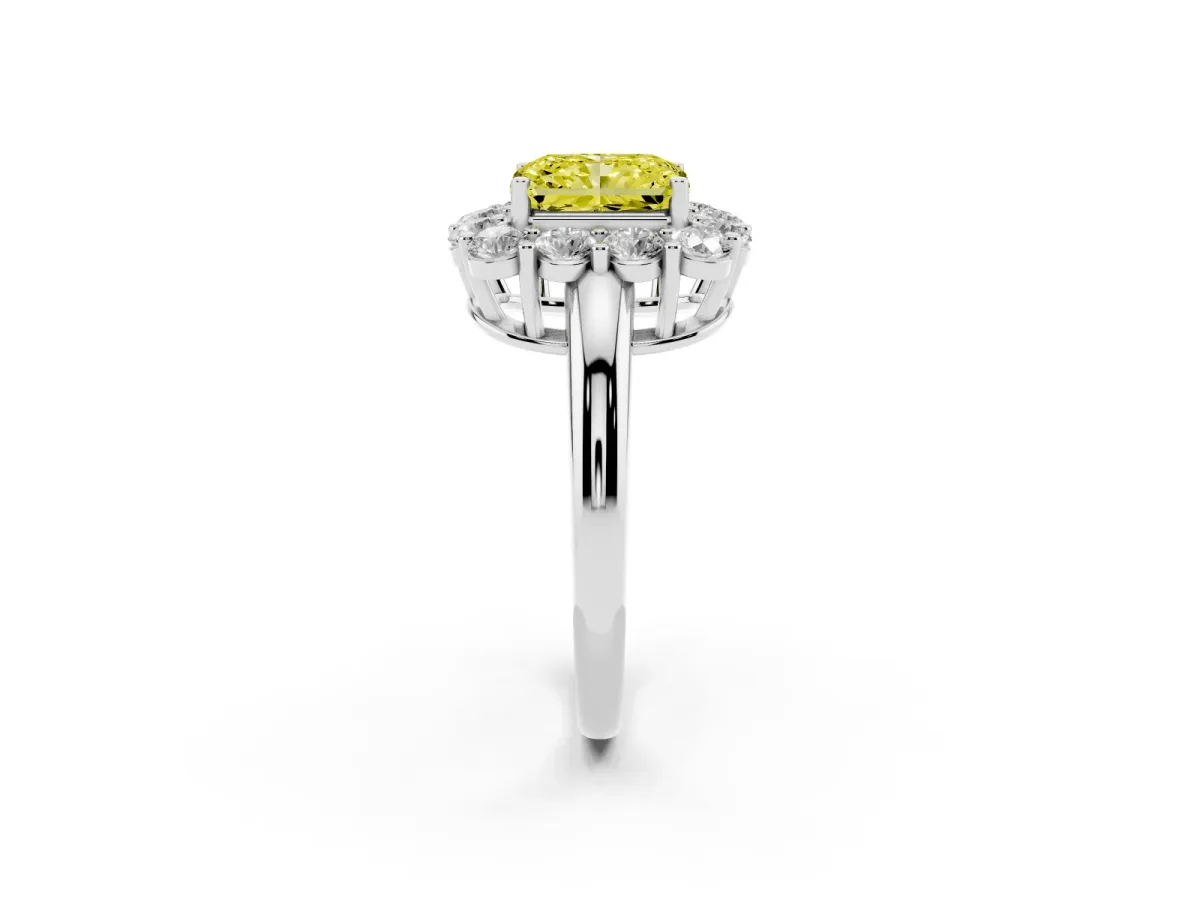 Fancy Yellow Radiant Cut Halo Cluster Diamond Engagement Ring with Prong Setting and Polished Band Platinum