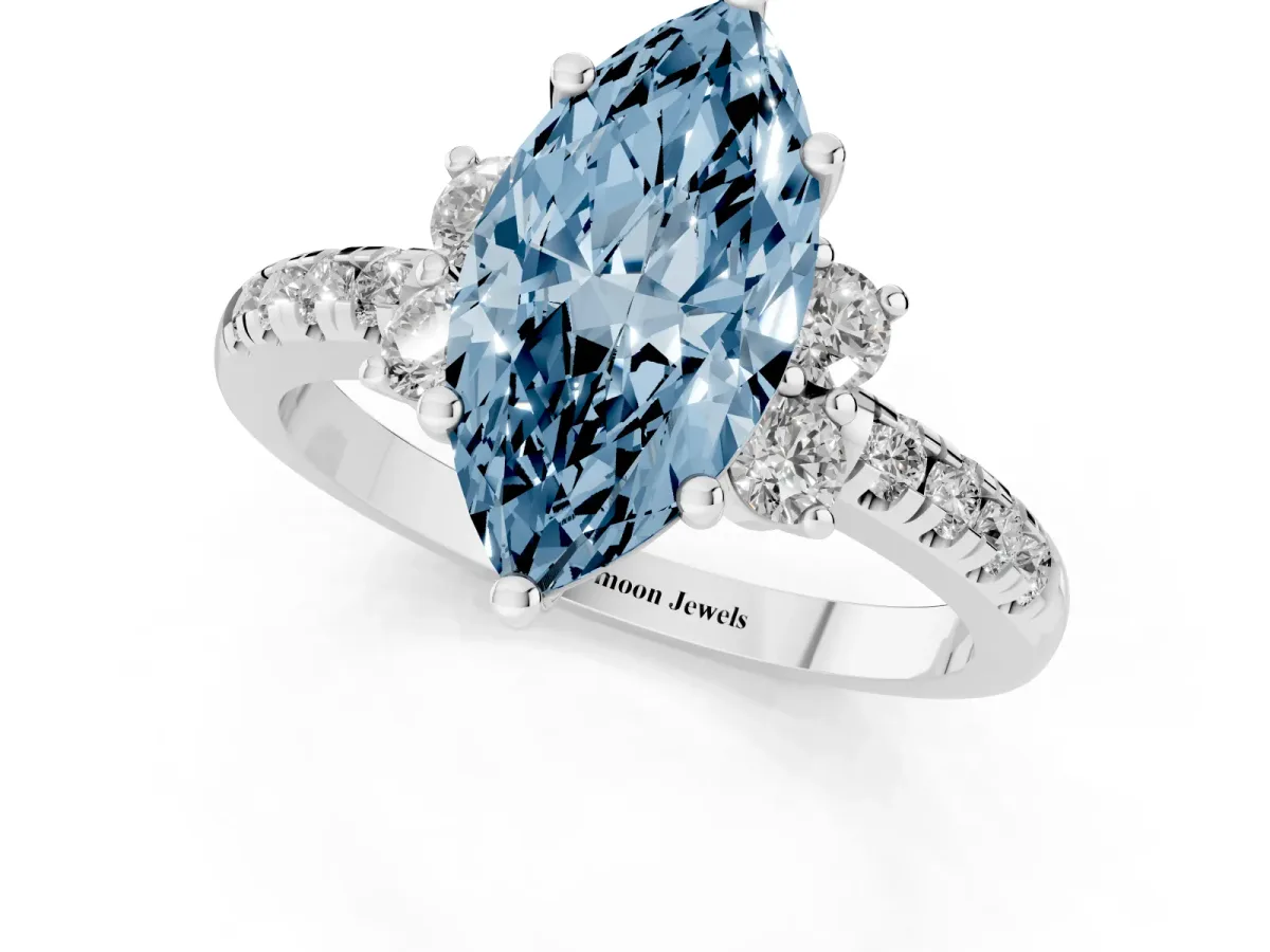 Fancy Blue Marquise Cut Diamond Three-Stone Pave Band with Four-Prong Setting Silver
