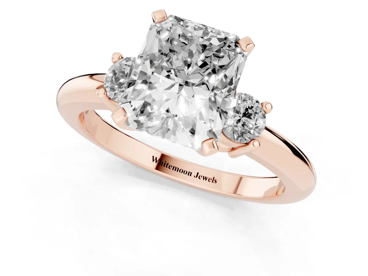 Three-Stone Radiant Cut Cut Diamond Solitaire with Prong Setting and Classic Band Rose gold