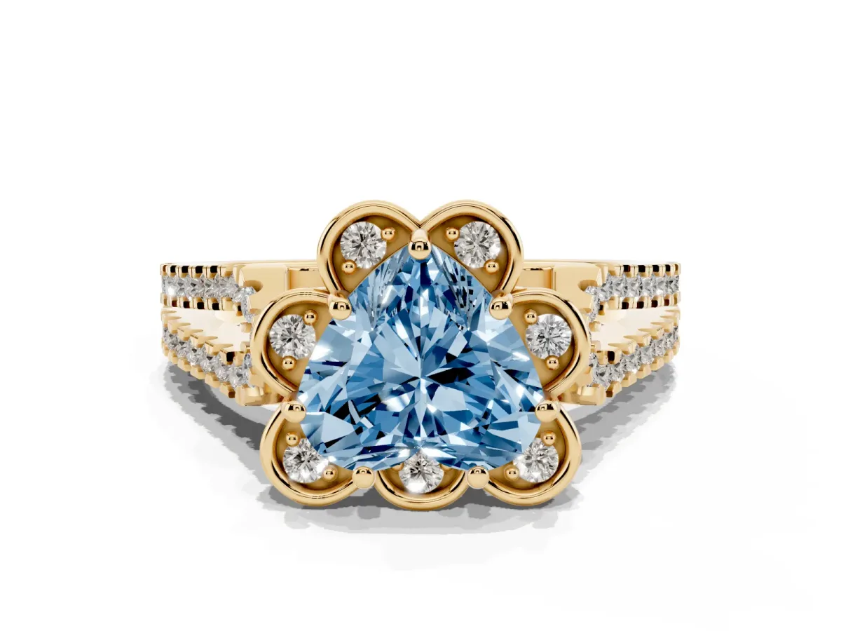Fancy Blue Heart Cut Halo Diamond Floral Split Shank Engagement Ring Yellow gold