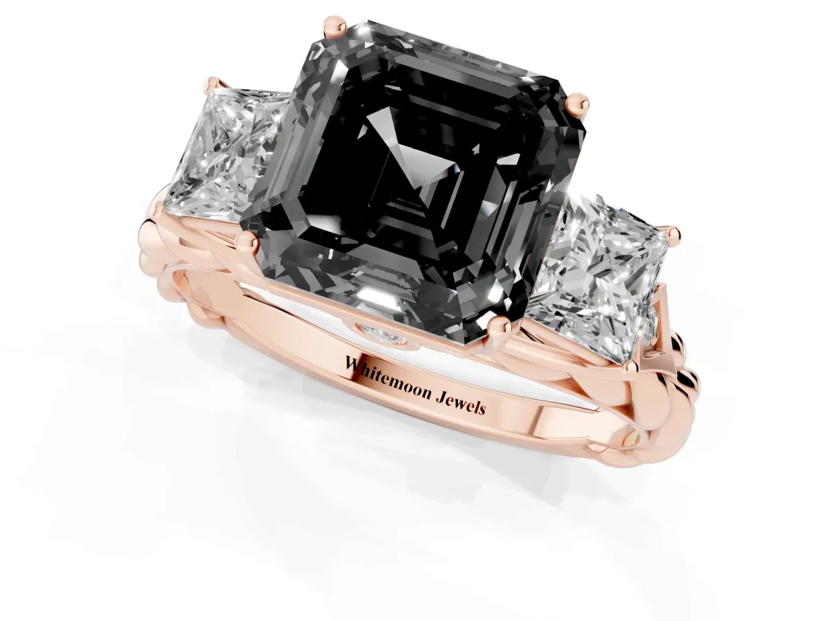 Fancy Black Three-Stone Asscher Cut Diamond Braided Band Ring with Four-Prong Setting Rose gold