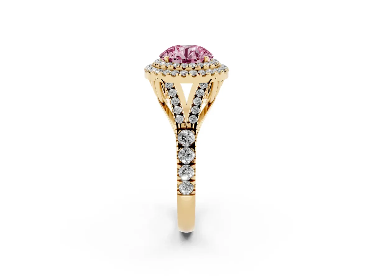 Fancy Pink Round Cut Diamond Pavé Split Shank Double Halo Engagement Ring Yellow gold