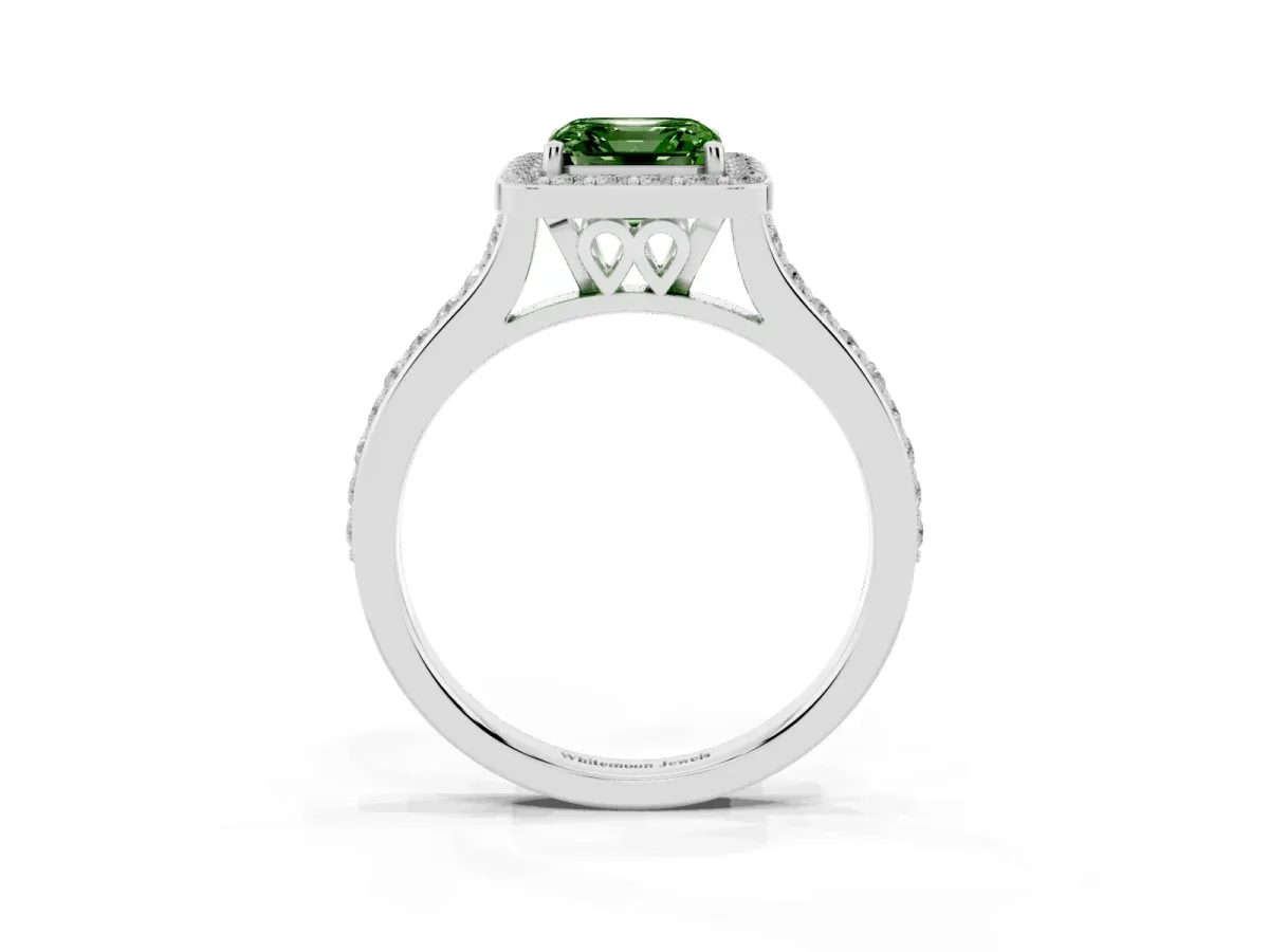 Fancy Green Asscher Cut Diamond Halo Engagement Ring with Round Pavé Shoulders and Prong Setting Silver