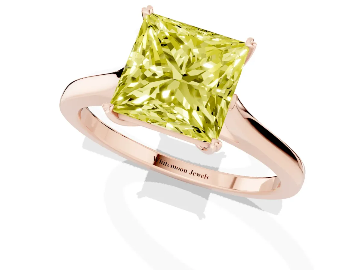 Fancy Yellow Princess Cut Solitaire Heart Prong Engagement Ring with Tapered Band Rose gold