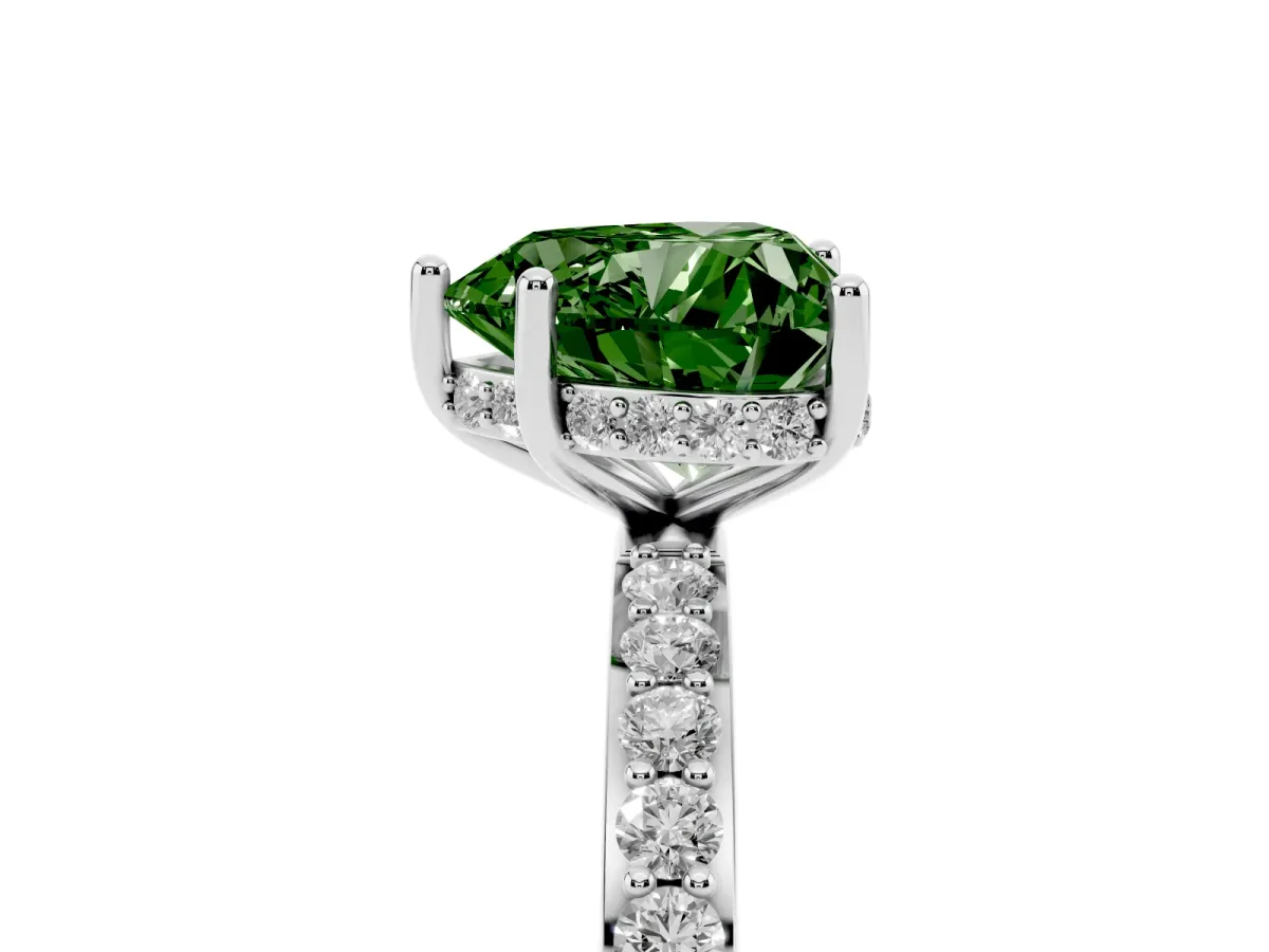 Fancy Green Heart Cut Diamond Solitaire Ring with Pavé Band and Hidden Halo Silver
