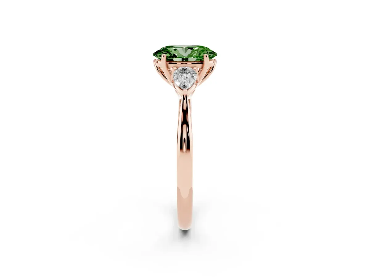 Fancy Green Oval Cut Diamond Three-Stone Ring with Pear Side Stones and Prong Setting Rose gold