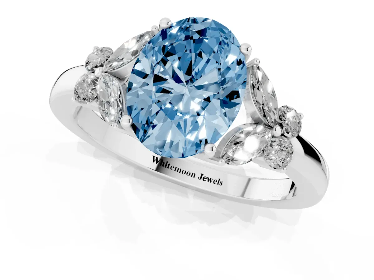 Fancy Blue Oval Cut Cut Solitaire Floral Diamond Ring with Four-Prong Setting Silver