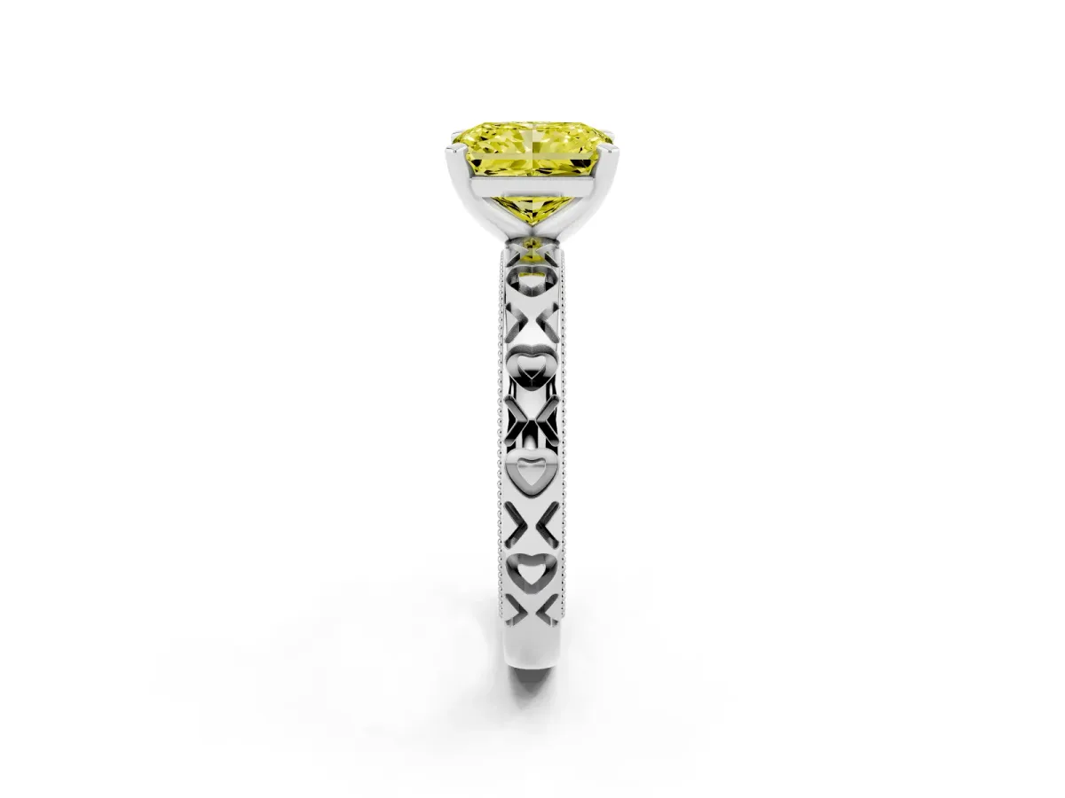 Fancy Yellow Radiant Cut Solitaire Diamond Engagement Ring with XO Engraved Band and Four-Prong Setting Silver