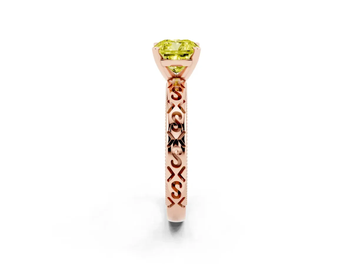 Fancy Yellow Cushion Cut Solitaire Engagement Ring with Scrollwork Band and Four-Prong Setting Rose gold