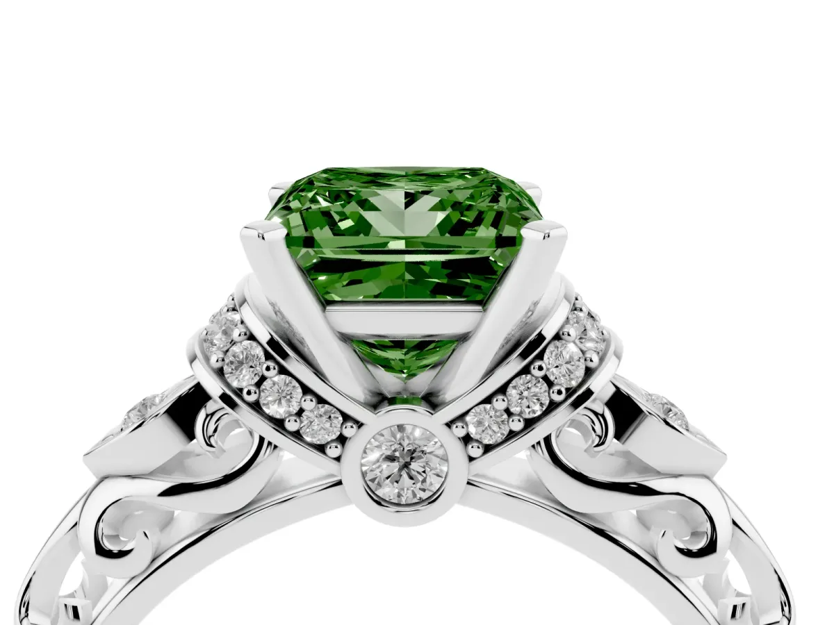 Fancy Green Princess Cut Diamond Solitaire Ring with Filigree Band and Four-Prong Setting Silver