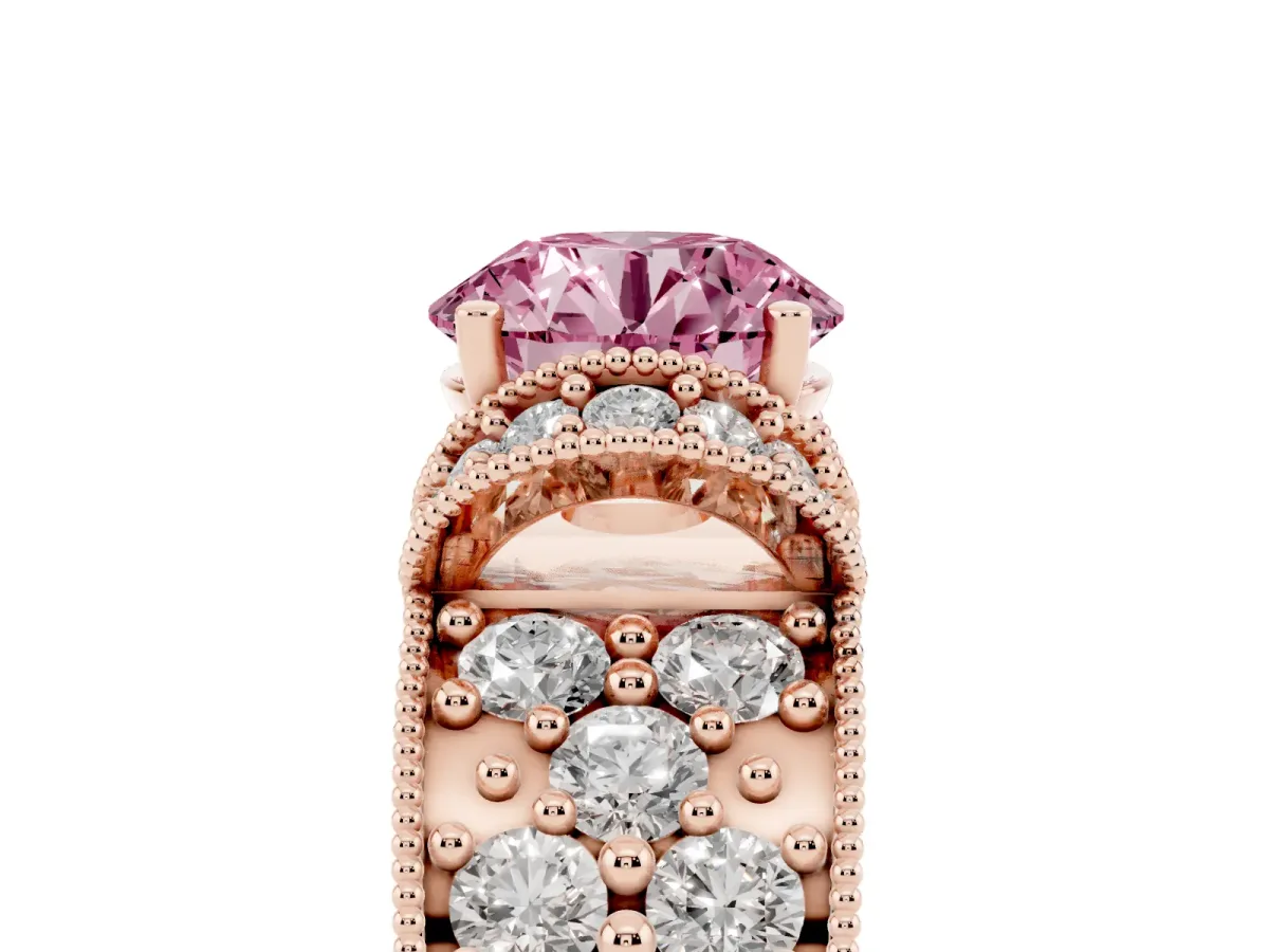 Fancy Pink Round Cut Halo Pave Diamond Engagement Ring with Milgrain Detailing Rose gold