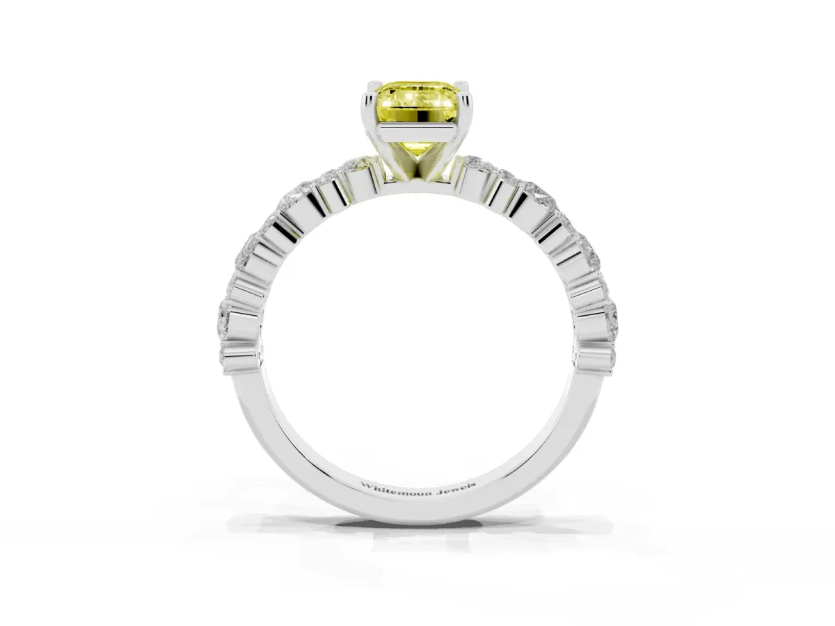 Fancy Yellow Emerald Cut Diamond Side Stone Solitaire Ring with Round and Four-Prong Setting Platinum