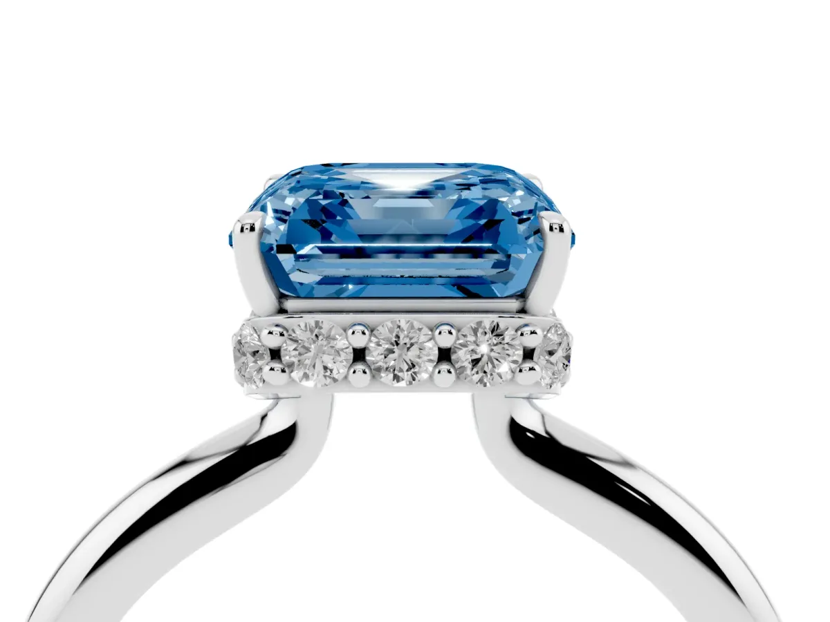 Fancy Blue Asscher Cut Brilliant Solitaire Engagement Ring with Six-Prong Setting and Classic Band Silver