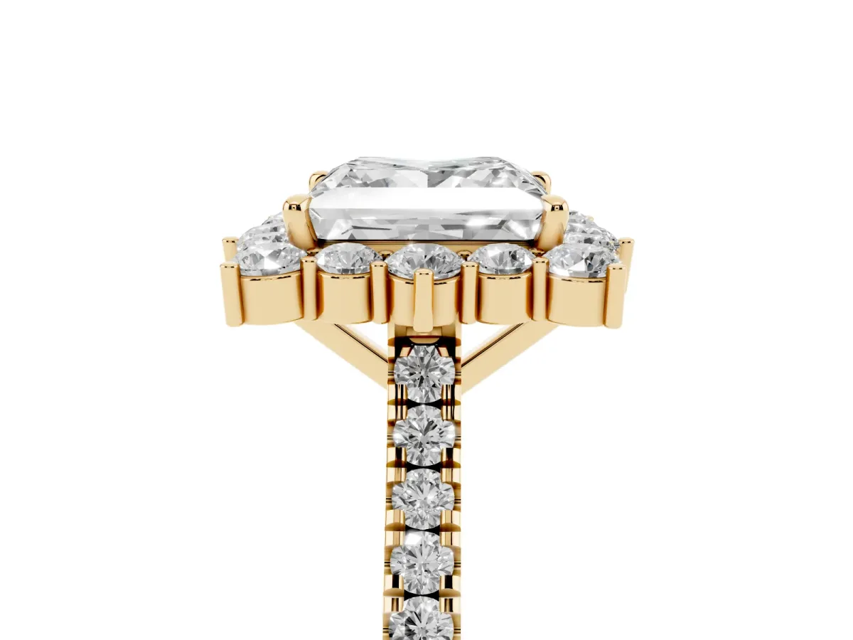 Princess Cut Halo Diamond Ring with Pavé Band and Prong Setting Yellow gold