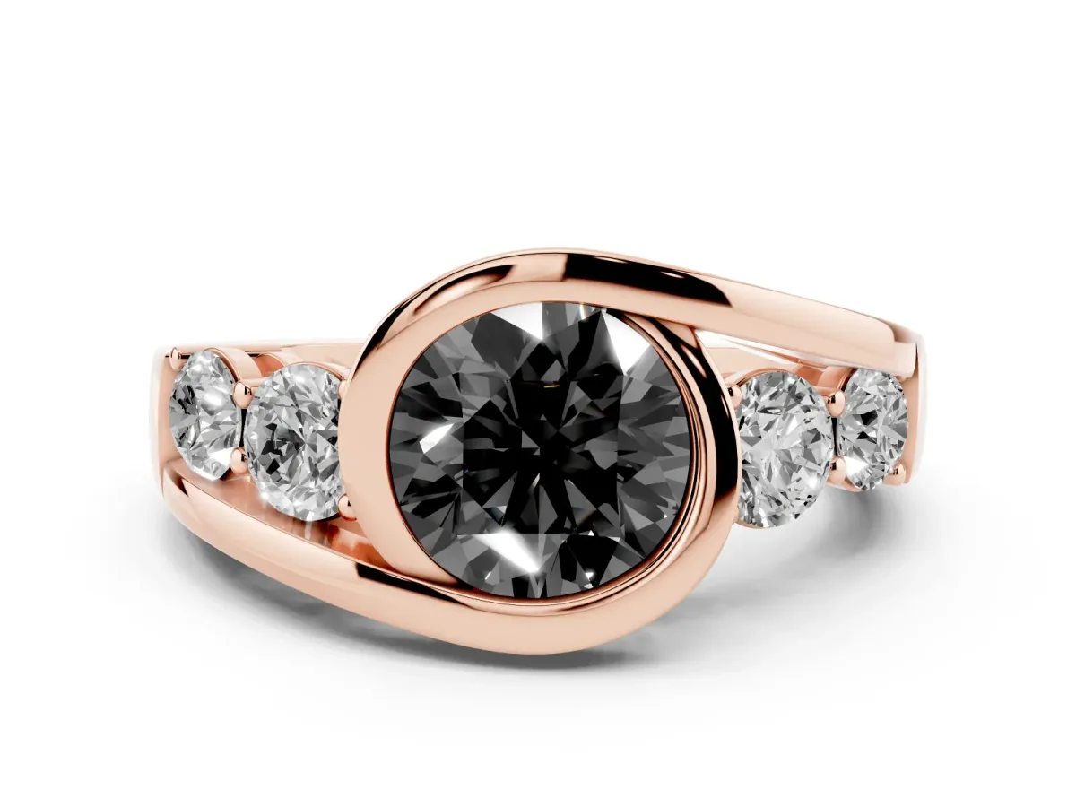 Fancy Black Bezel Set Round Cut Diamond Bypass Ring with Round Accents Rose gold