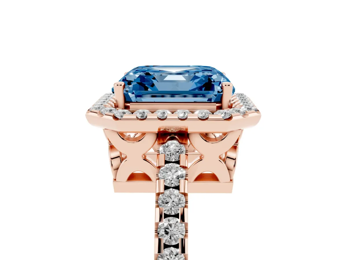 Fancy Blue Asscher Cut Diamond Halo Engagement Ring with Pavé Band and Prong Setting Rose gold
