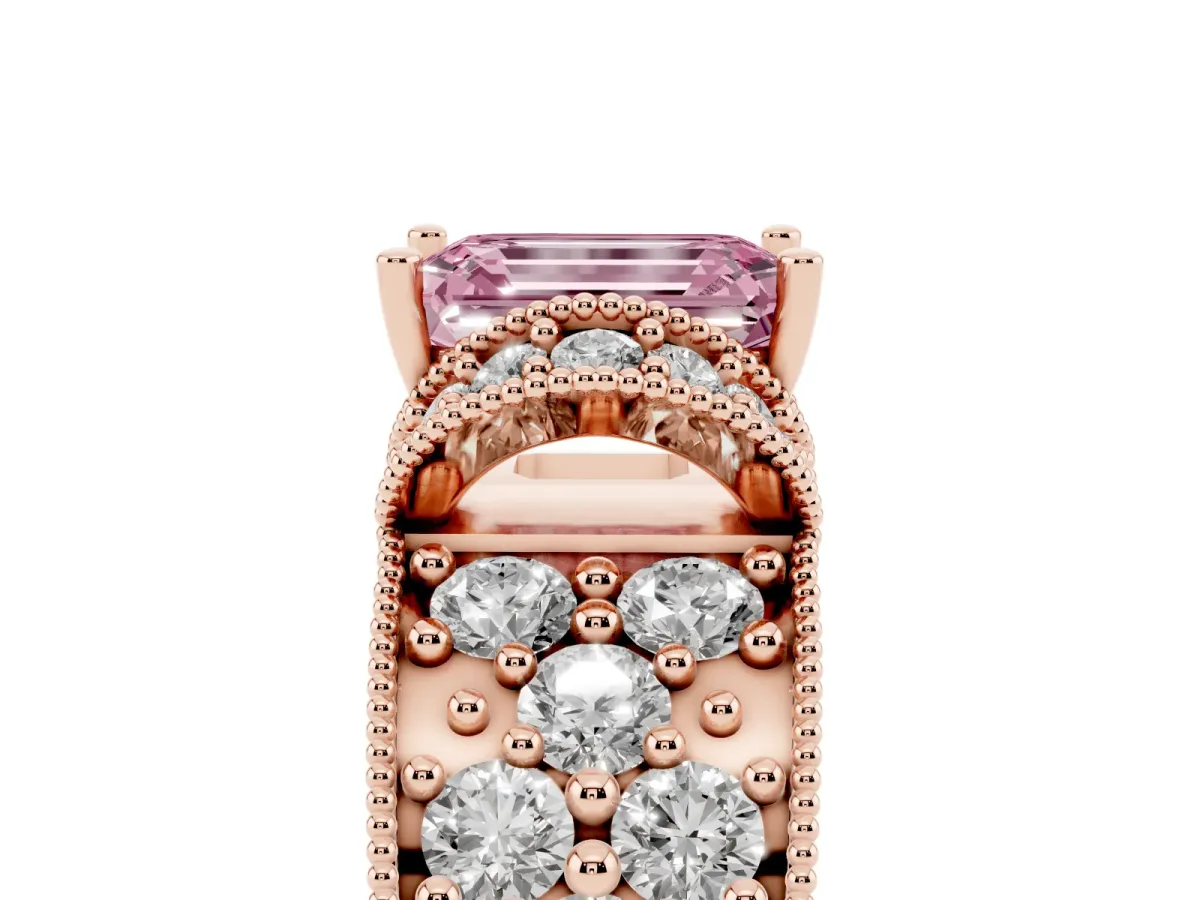 Fancy Pink Emerald Cut Halo Pave Diamond Engagement Ring with Milgrain Detailing Rose gold