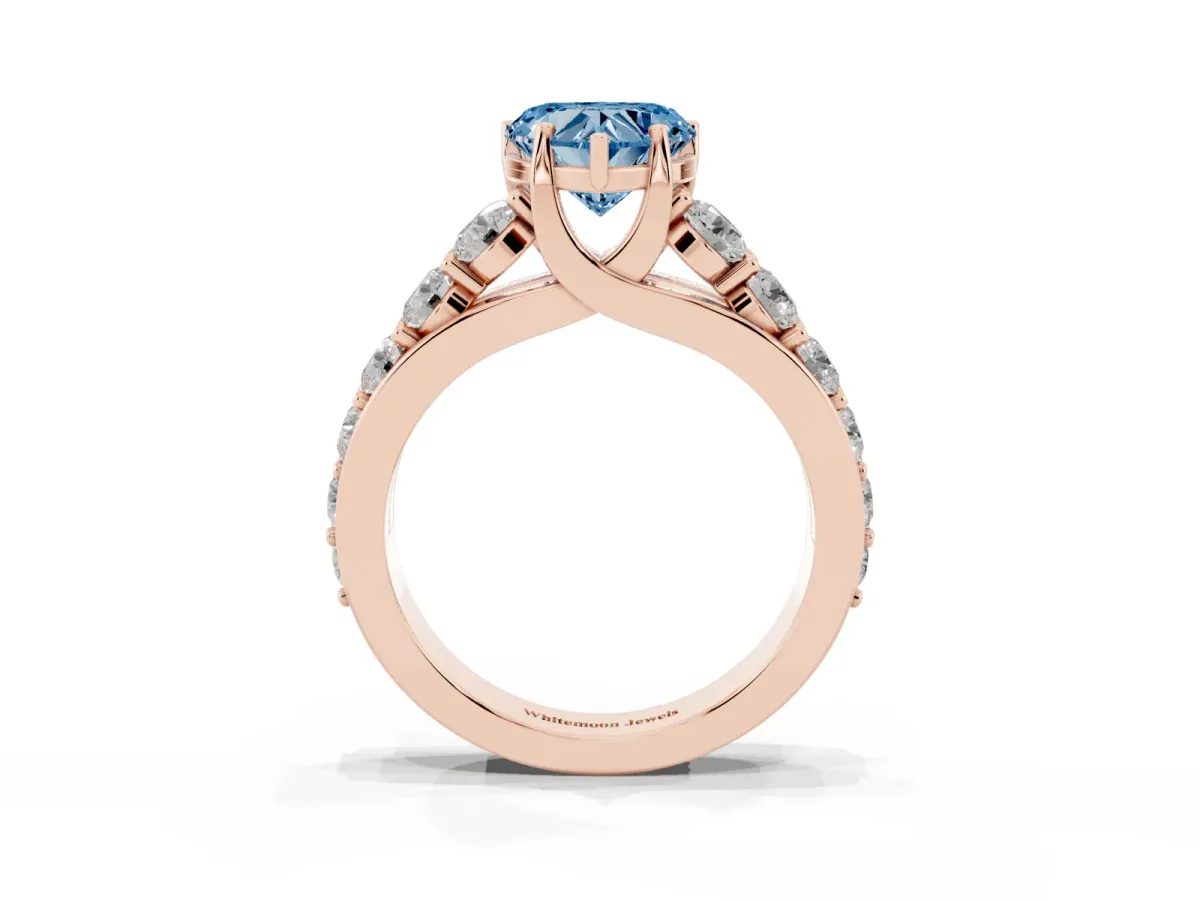 Fancy Blue Heart Cut Diamond Engagement Ring with Pavé Band and Four-Prong Setting Rose gold