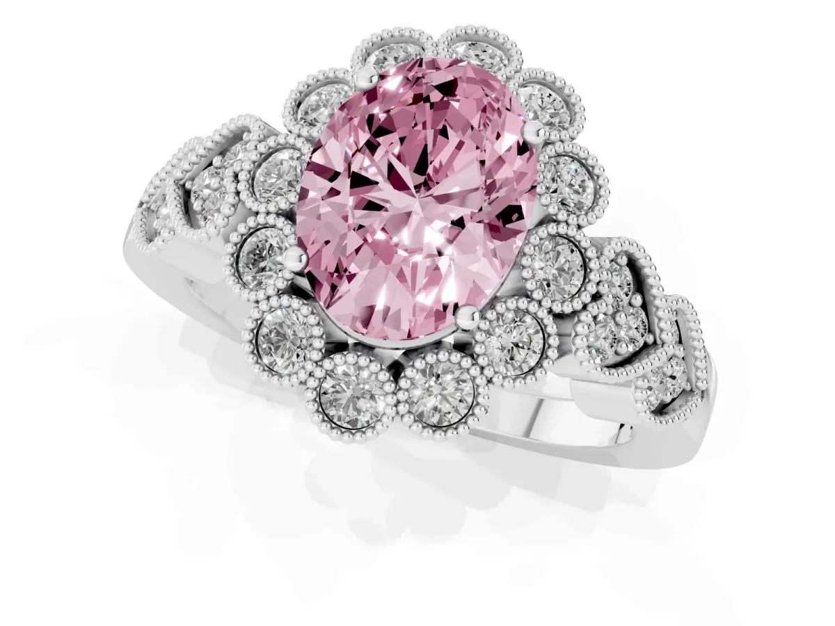 Fancy Pink Oval Cut Brilliant Milgrain Pave Heart Band Solitaire Ring Platinum