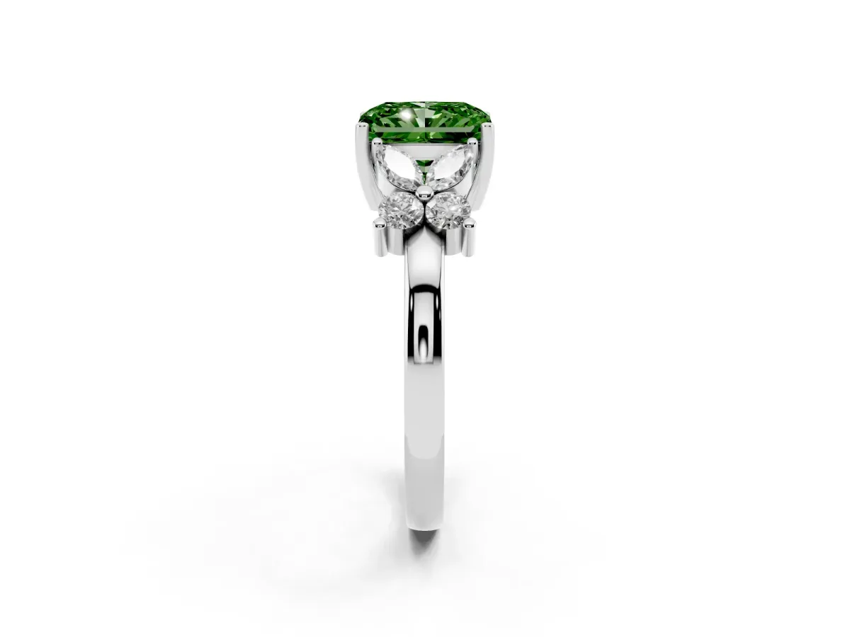 Fancy Green Radiant Cut Diamond Floral Cluster Ring with Solitaire Band and Prong Setting Platinum