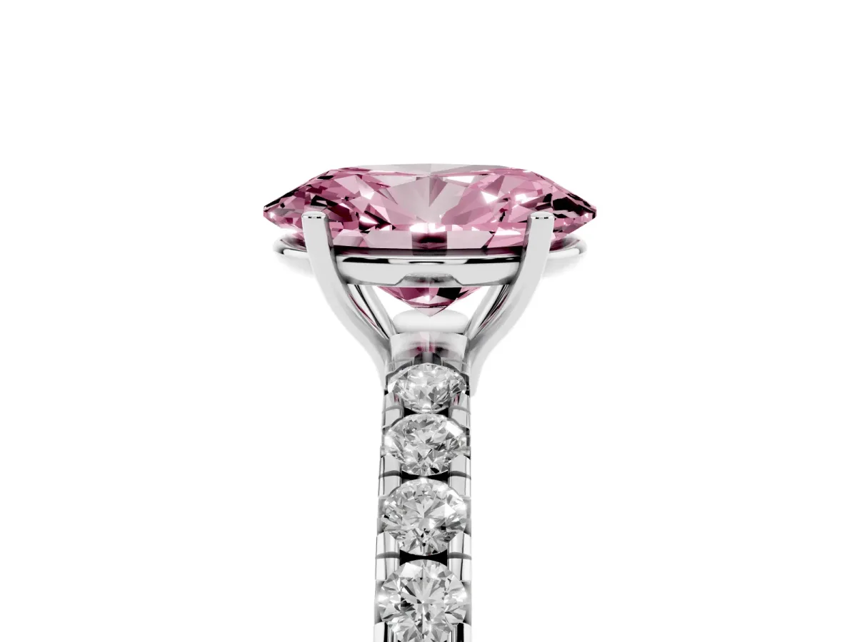 Fancy Pink Oval Cut Diamond Pavé Solitaire Engagement Ring with Four-Prong Setting Platinum