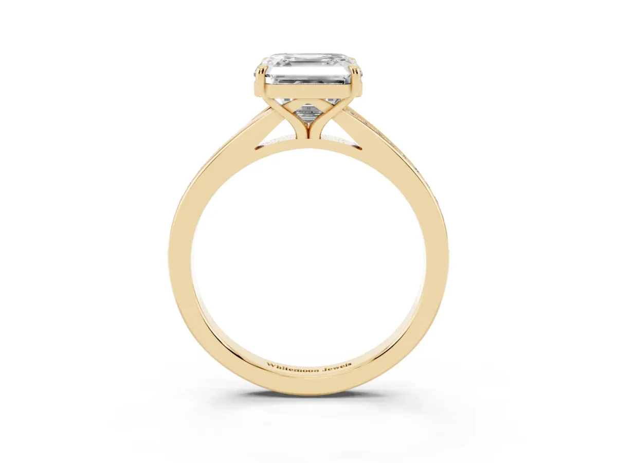 Asscher Cut Diamond Solitaire Ring with Pavé Band and Prong Setting Yellow gold
