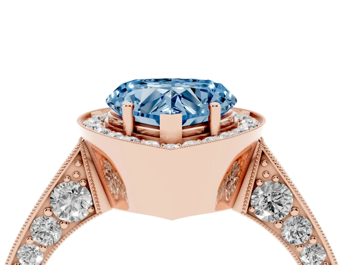 Fancy Blue Heart Cut Halo Diamond Engagement Ring with Split Shank Band and Four-Prong Setting Rose gold