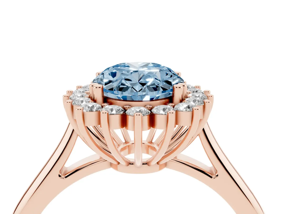 Fancy Blue Oval Cut Cut Diamond Halo Ring with Solitaire Band and Prong Setting Rose gold