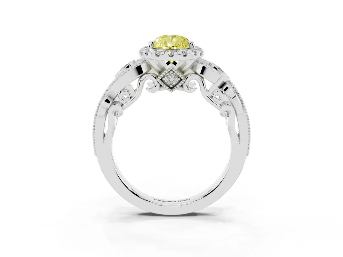 Fancy Yellow Pear Cut Diamond Halo Ring with Milgrain Pavé Band and Four-Prong Setting Platinum