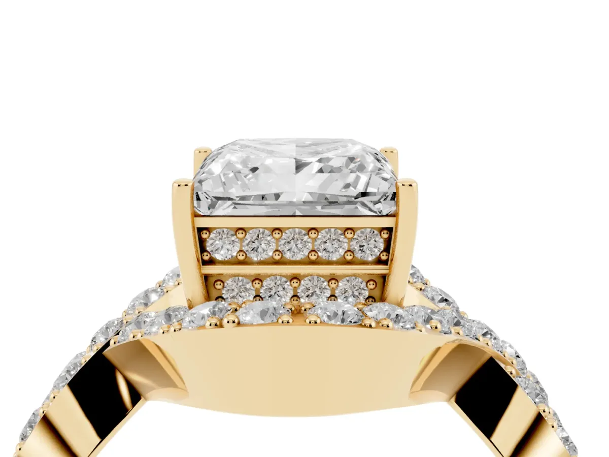 Princess Cut Solitaire Twist Band Pavé Diamond Engagement Ring Yellow gold