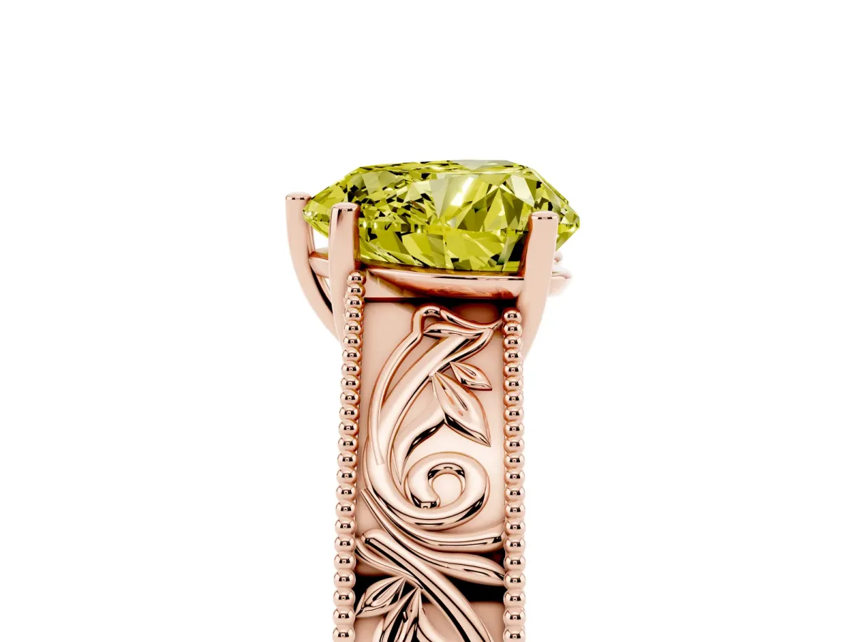Fancy Yellow Heart Cut Diamond Solitaire Ring with Engraved Band and Four-Prong Setting Rose gold