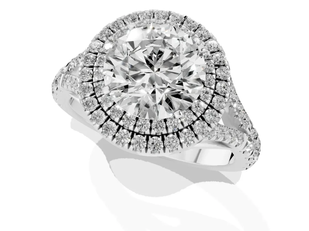Round Cut Diamond Double Halo Ring with Split Shank and Prong Setting Silver