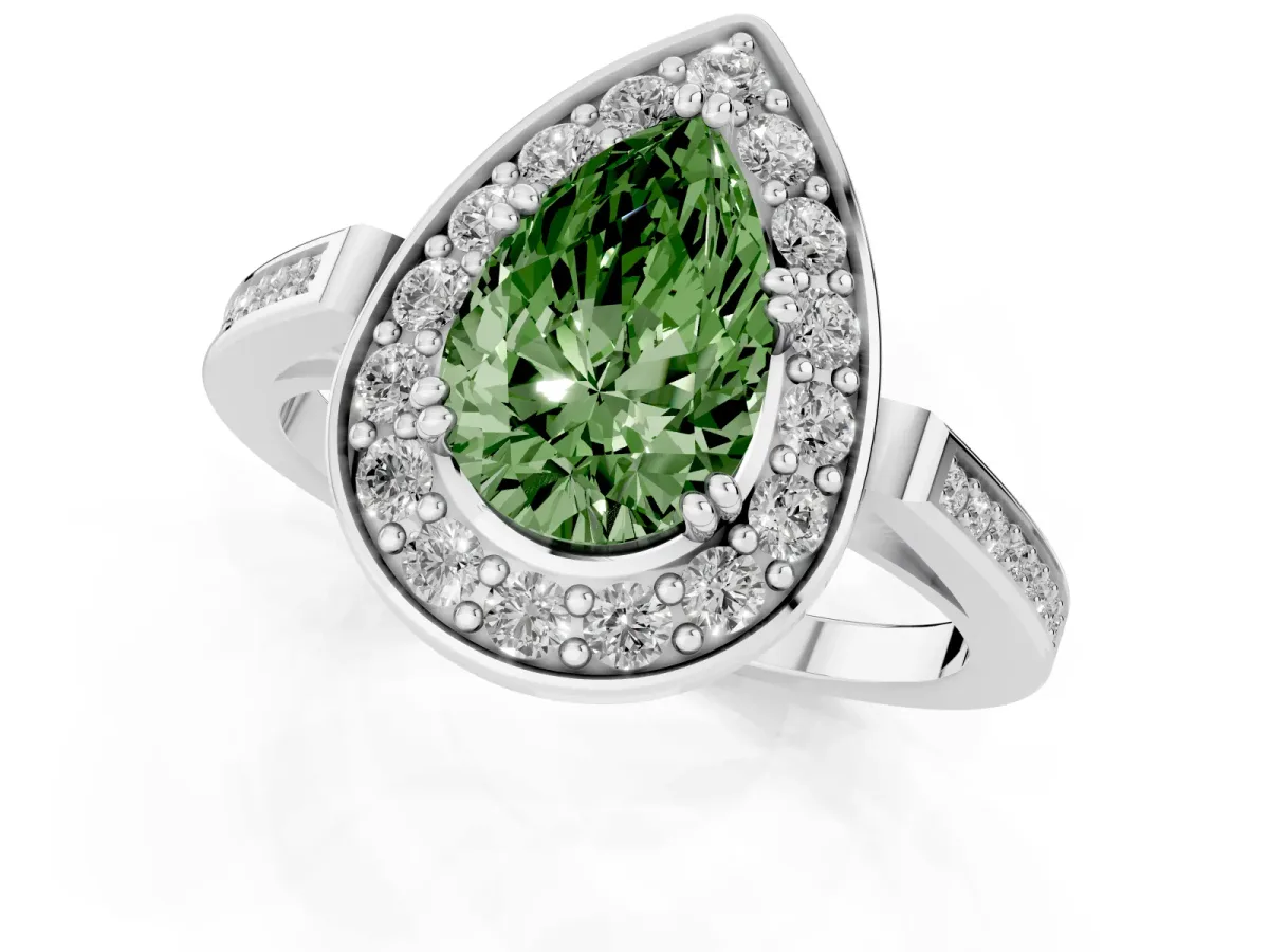 Fancy Green Pear Cut Diamond Halo Ring with Split Shank and Four-Prong Setting Silver