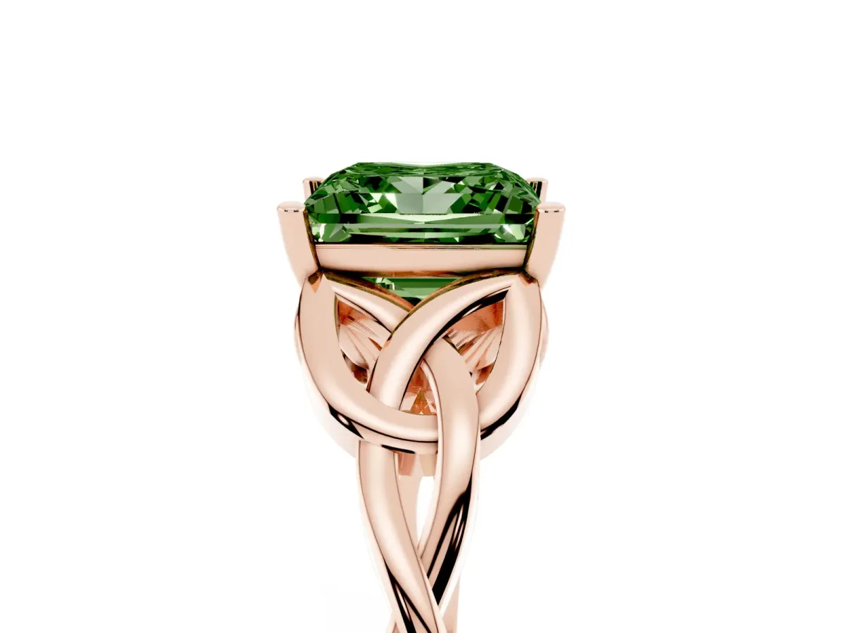 Fancy Green Princess Cut Diamond Solitaire Engagement Ring with Celtic Knot Band and Four-Prong Setting Rose gold