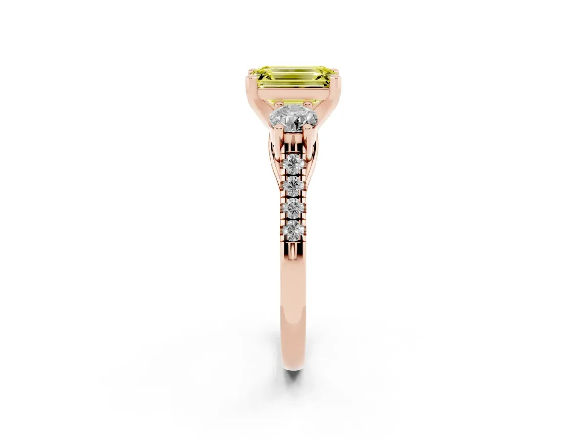 Fancy Yellow Three-Stone Emerald Cut Diamond Pavé Band with Four-Prong Setting Rose gold