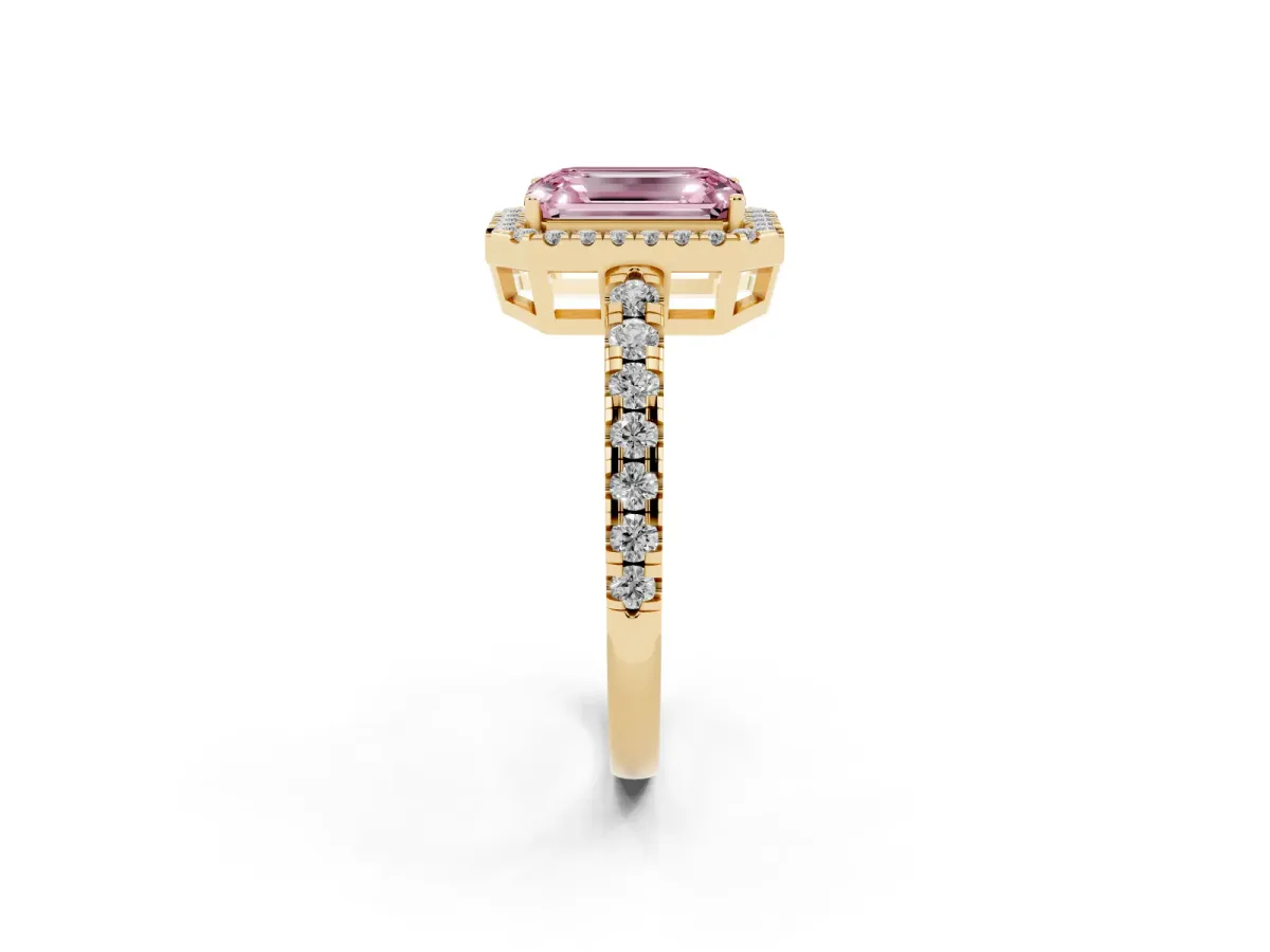 Fancy Pink Emerald Cut Diamond Halo Ring with Pavé Band and Four-Prong Setting Yellow gold