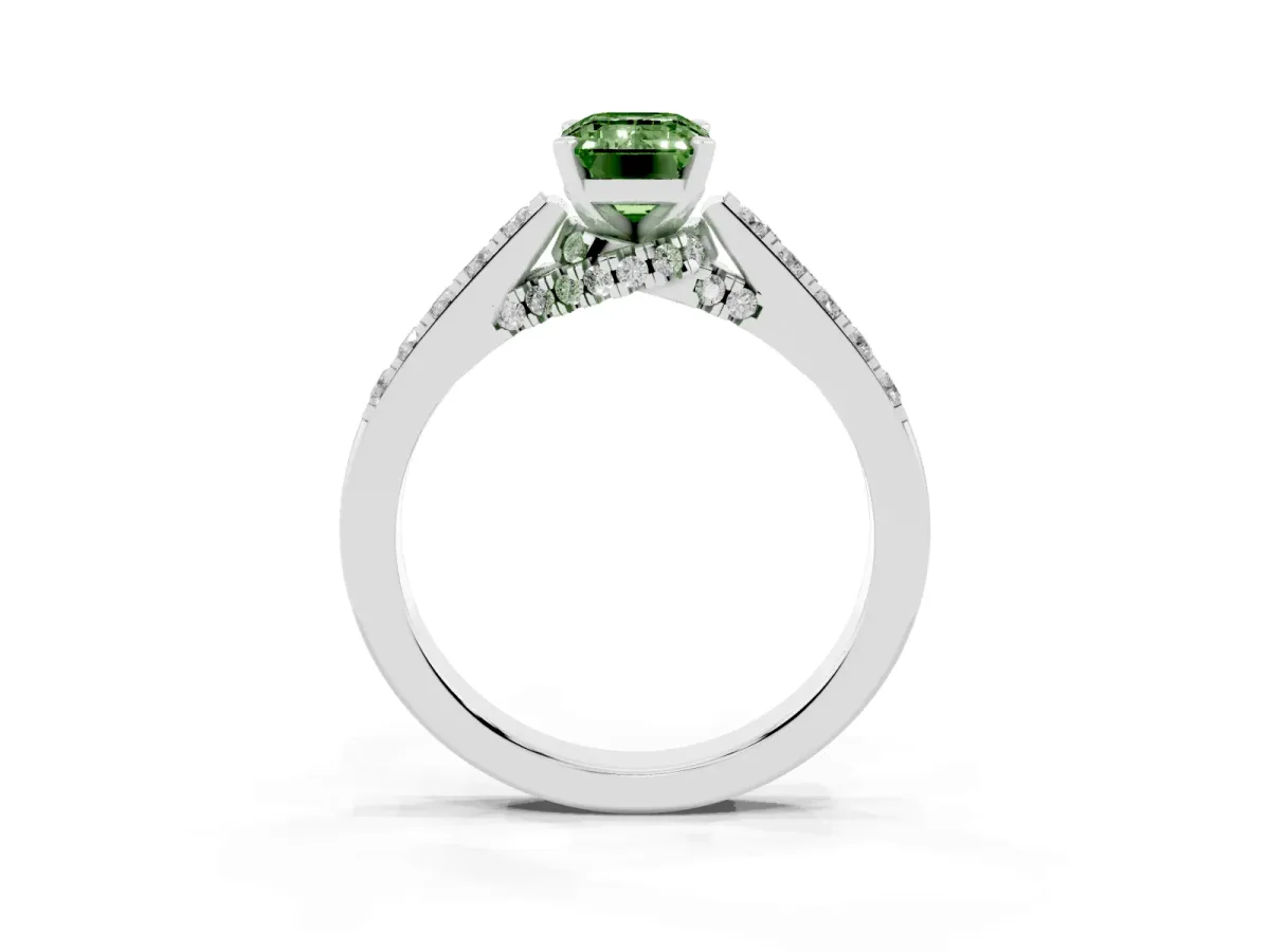 Fancy Green Emerald Cut Diamond Solitaire Ring with Crossover Gallery and Round Pavé Band Silver