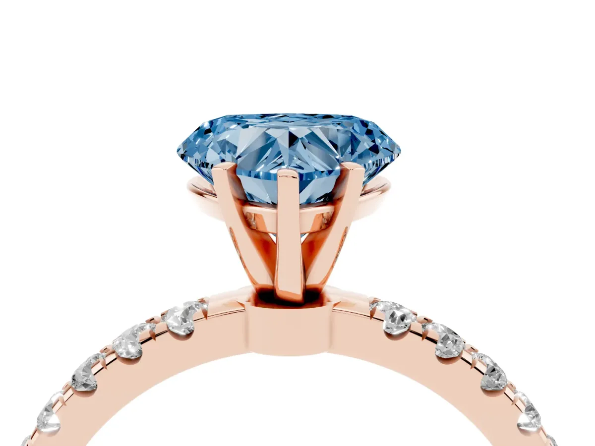 Fancy Blue Heart Cut Diamond Solitaire Ring with Pavé Accents and Four-Prong Setting Rose gold
