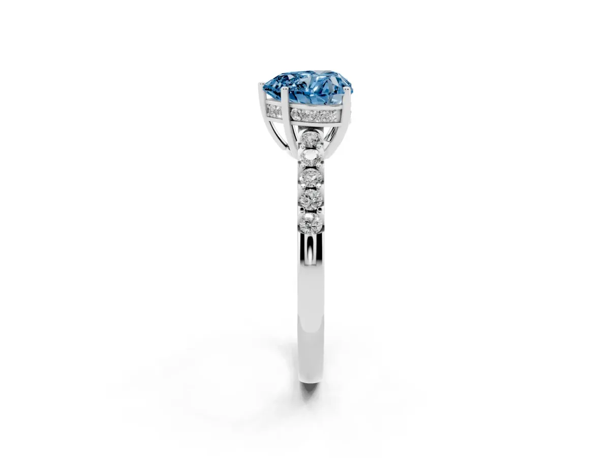 Fancy Blue Heart Cut Solitaire Diamond Engagement Ring with Pavé Band and Six-Prong Setting Silver