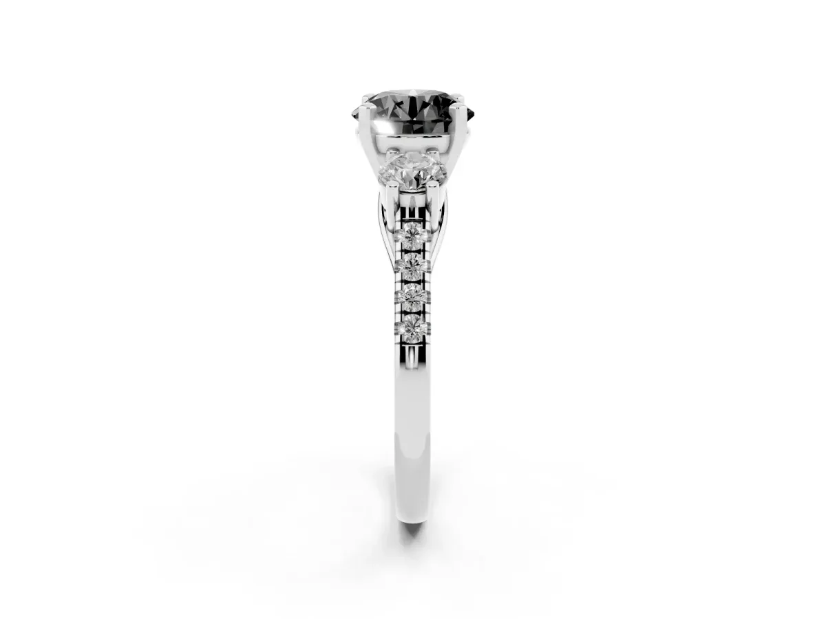 Fancy Black Three-Stone Round Cut Diamond Pavé Band with Four-Prong Setting Silver